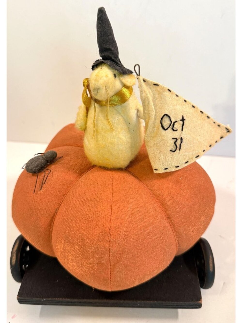Vintage Halloween Mouse & Spider Pumpkin on Wheels Primitive Fall Decor